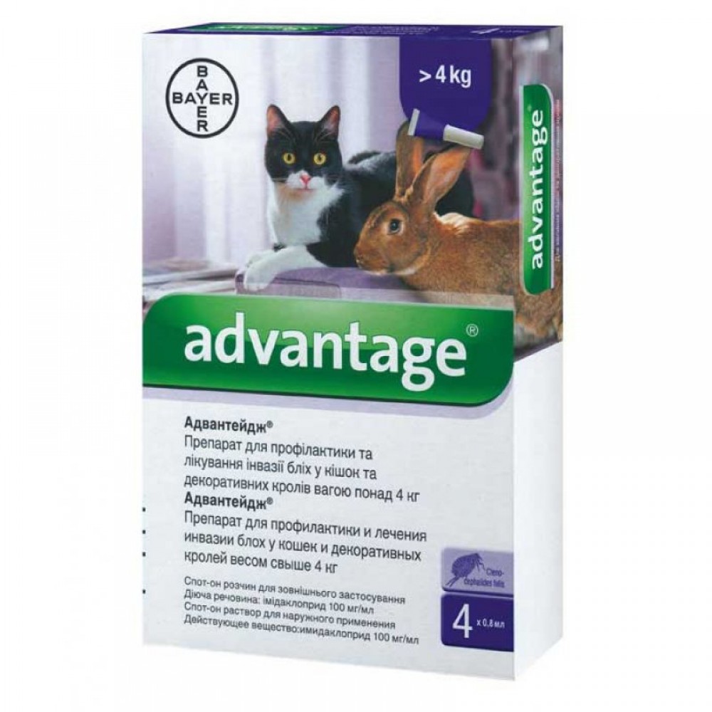 Капли от блох и клещей для кошек от 4 кг Bayer Advantage №80, 4 пипетки