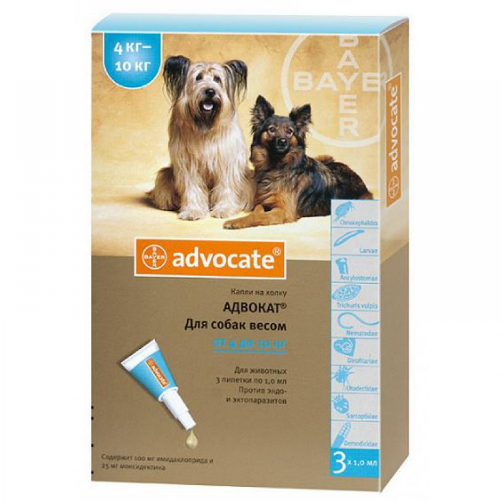 Капли от блох и клещей для собак 4-10 кг Bayer Advocate, 3 пипетки