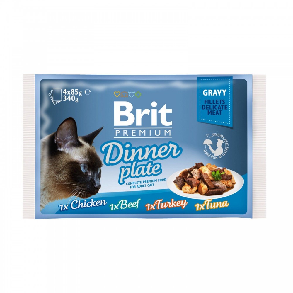 Вологий корм для кішок Brit Premium Cat Dinner Plate Fillets Gravy pouches 340 г (асорті з 4 смаків «Обідня тарілка» в соусі) (111256/415)