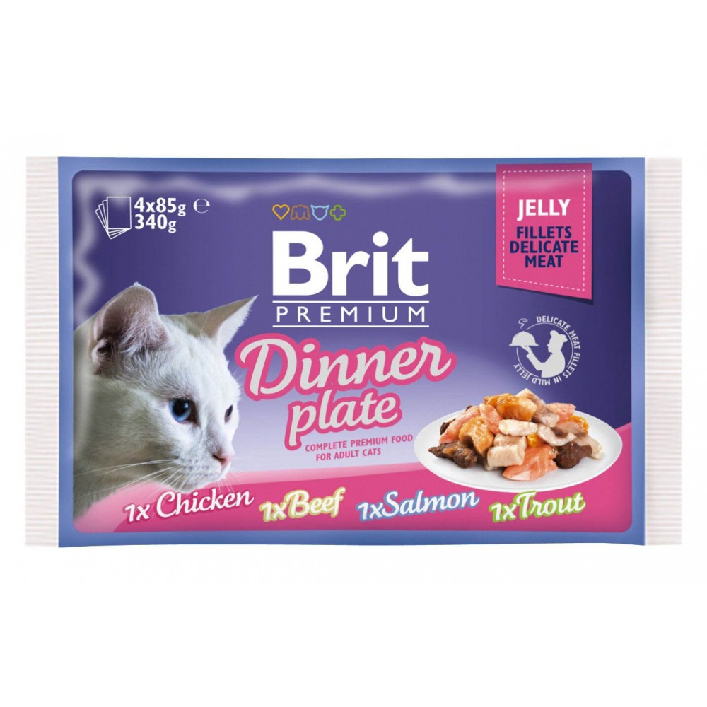 Влажный корм для кошек Brit Premium Cat Dinner Plate Fillets Jelly pouches 340 г (ассорти из 4 вкусов «Обеденная тарелка» в желе) 111244/392