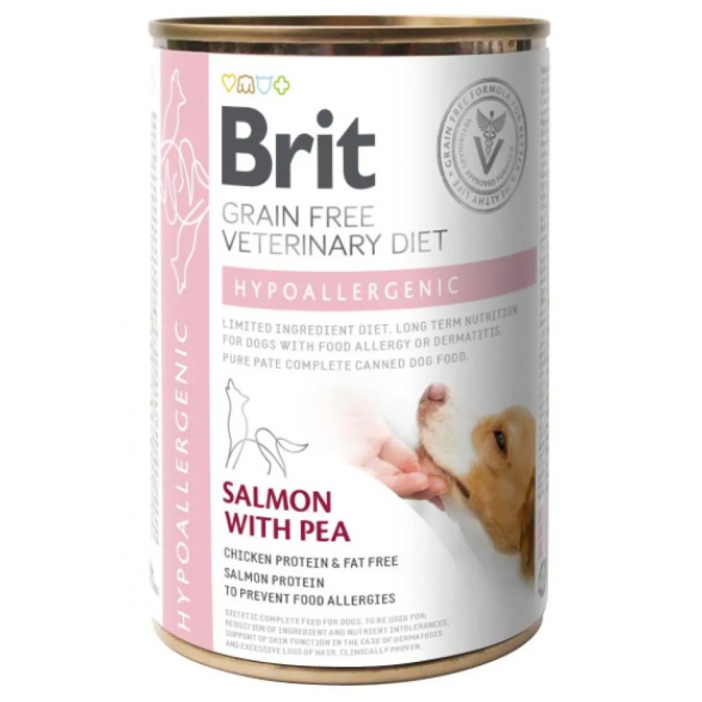 Лечебный влажный корм для собак с пищевой аллергией или непереносимостью Brit VetDiets Hypoallergenic, 400 г (лосось и горошек) (100259/5873)